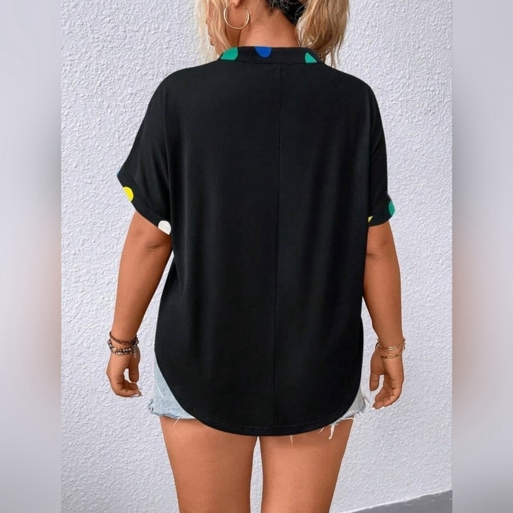 Plus Polka Dot Notch Rec Batwing Sleeve T-Shirt Black - Picture 3 of 7